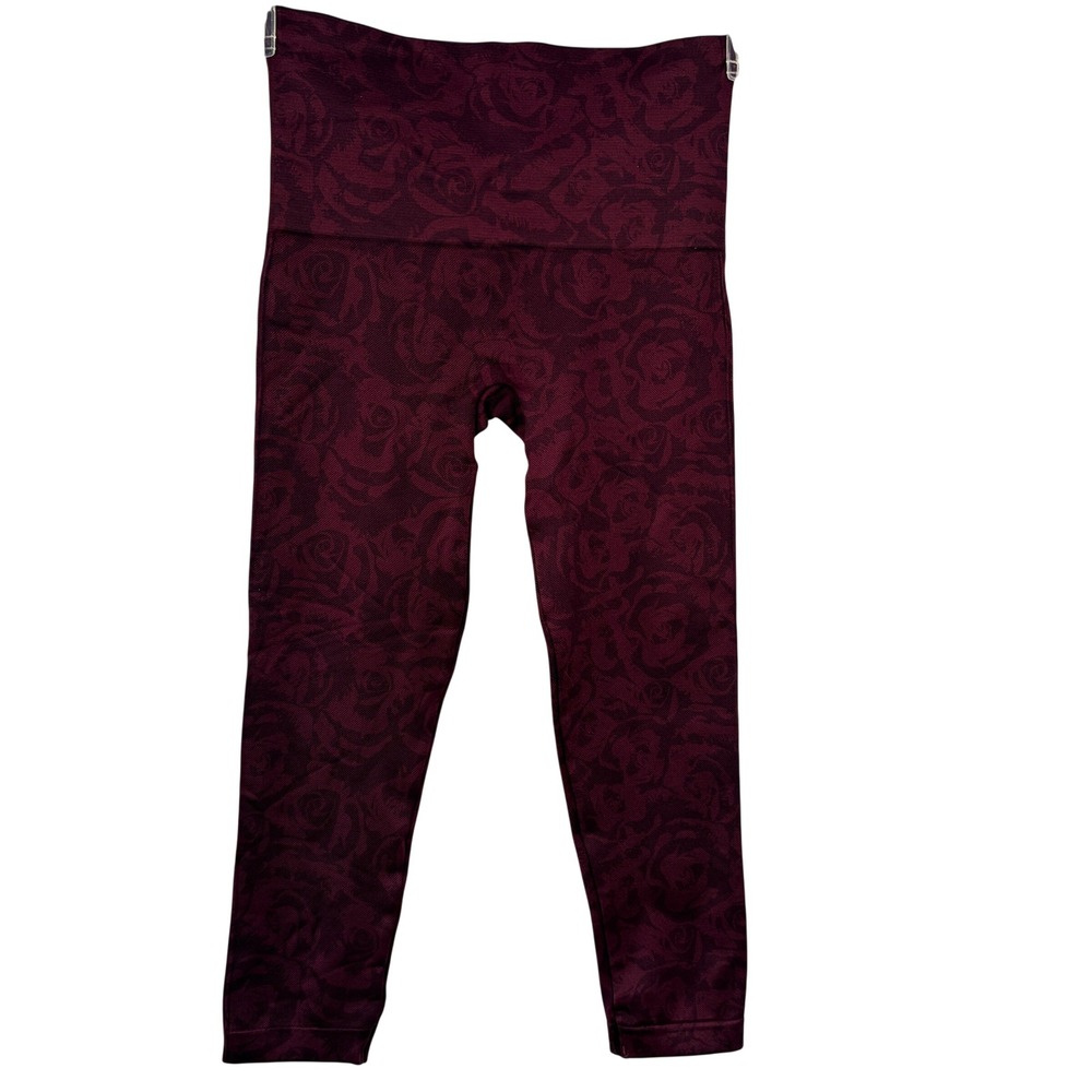 Spanx Rose Floral Jacquard Seamless Leggings Medium Burgundy Excellent